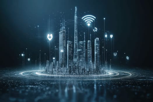 This image depicts an advanced conceptual visualization of 6G wireless technologies set in a futuristic smart city environment, highlighting digital connectivity and innovation.