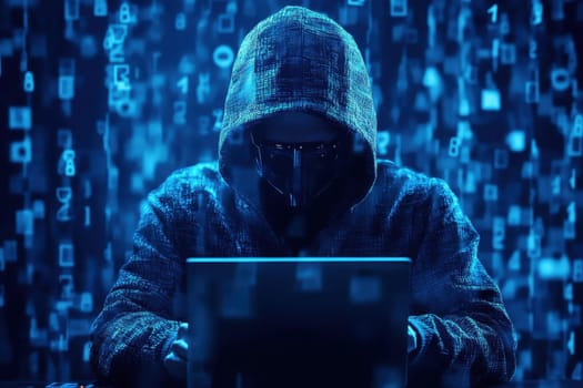 A cybersecurity expert in a hooded sweatshirt analyzes a potential data breach while surrounded by flowing digital code, highlighting the importance of security measures in the digital age.