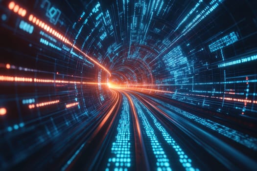 Explore an abstract glowing blue digital tunnel made of binary code with a vibrant stream of light and data flow in a futuristic design.