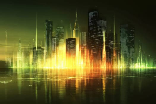 This captivating image showcases a glowing eco-friendly city skyline, illuminated by digital elements and vibrant colors, symbolizing a sustainable future.