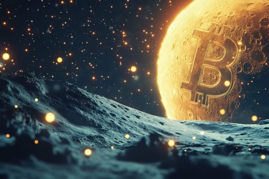 A stunning cosmic landscape featuring a luminous moon embossed with a bitcoin symbol, set against a starry backdrop, evoking themes of exploration and financial technology.