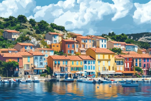 Discover a picturesque coastal village with colorful buildings reflecting on calm waters. The vibrant architecture, azure sky, and tranquil scenery create a perfect summer getaway atmosphere.