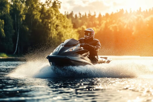 A thrilling scene of a jet ski cutting through the water at high speed, creating splashes against the backdrop of a stunning sunset and lush greenery.