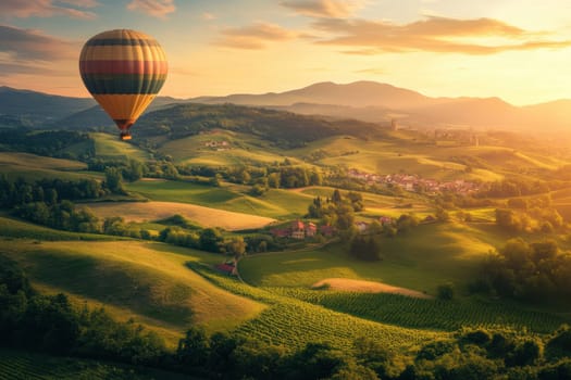 A vibrant hot air balloon gracefully floats over lush green fields, illuminating the serene landscape during a stunning sunset. Experience nature's beauty!