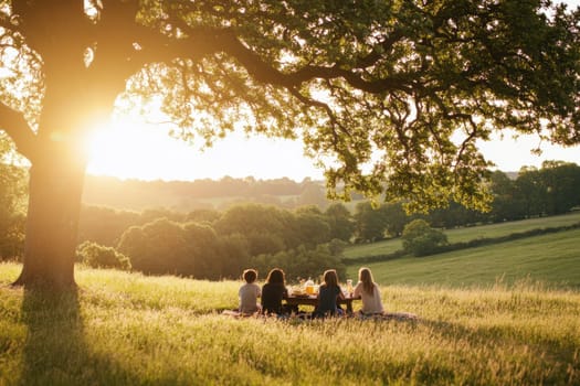A heartwarming scene of a family enjoying a picnic under a shady tree, surrounded by lush greenery at sunset. The perfect moment of togetherness and joy.