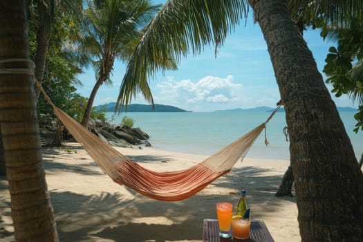 Experience bliss in a hammock strung between palm trees on a pristine beach, with refreshing cocktails waiting nearby. Embrace tranquility and serenity in nature.