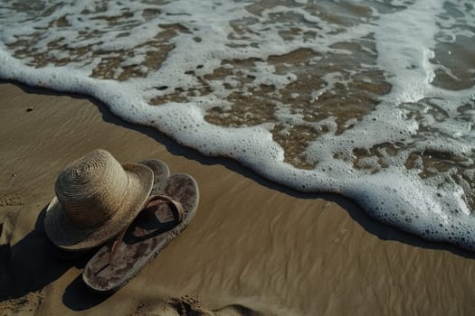 A close-up view capturing a pair of flip flops and a straw sun hat resting on golden sand, with gentle ocean waves lapping nearby, evoking a relaxing beach day.