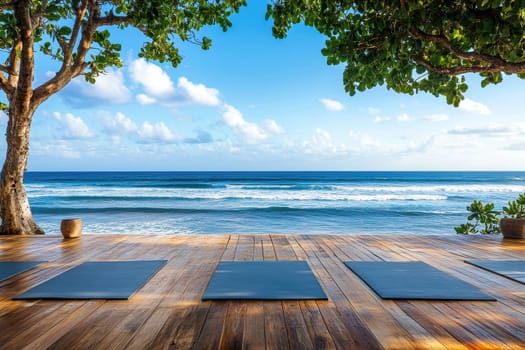 Experience a soothing yoga session on a beautiful wooden deck overlooking a peaceful ocean scene. Embrace tranquility and well-being surrounded by nature's beauty.