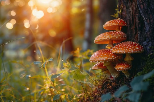 Red and white spotted fly agaric mushrooms growing in the grass by a tree trunk, illuminated by warm sunlight shining through the trees