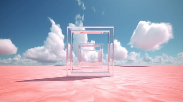 3d rendered Abstract aesthetic background. Surreal fantasy landscape. Water, pink desert, neon square shape chrome metallic gate under the blue sky with white clouds. Virtual reality wallpaper. Generative AI image weber.