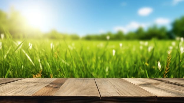 A natural spring garden background of fresh green grass with a bright blue sunny sky with a wooden table. Generative AI image weber.