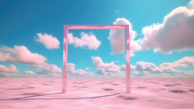3d rendered Abstract aesthetic background. Surreal fantasy landscape. Water, pink desert, neon square shape chrome metallic gate under the blue sky with white clouds. Virtual reality wallpaper. Generative AI image weber.