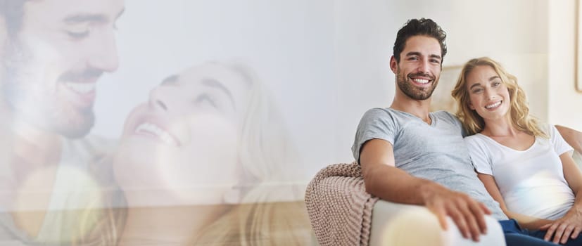Portrait, love and happy couple relax, care and home bonding, romance or connect together in holiday house. Mockup space, lounge sofa and banner man, woman or marriage people support, smile and trust.