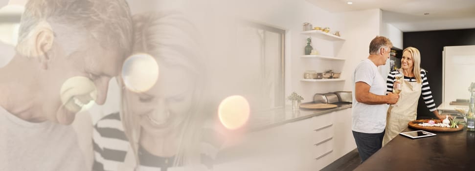 Laughing, double exposure and mature couple in kitchen with cooking, love and mockup space at home. Food, marriage and embrace of happy people together with smile at a house with care and support.