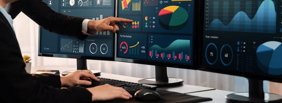 Analyst working on data analysis or BI dashboard on computer monitor. Business team analyzing financial data by Fintech in corporate office for business marketing and strategy planning. Trailblazing