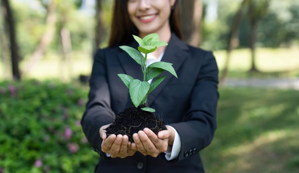 Asian businesswoman holding plant as concept of eco company committed to corporate social responsible, reducing CO2 emission, protect environment, and embrace ESG principle for sustainable future.Gyre