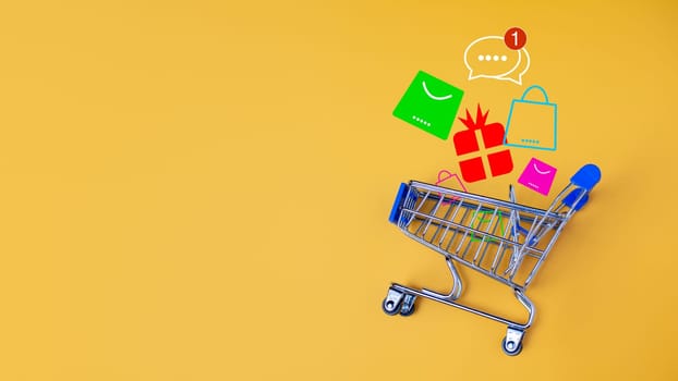 Shopping cart on white background with light and shadow. schopping concept.