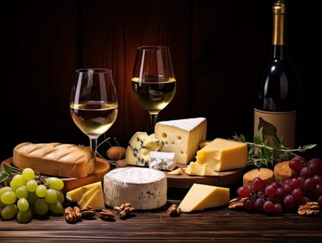 Board with cheeses, white wine in a glass and grapes. Still life of table for tasting cheese and wine, cozy romantic atmosphere, low key AI