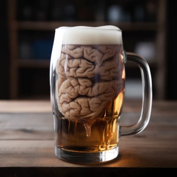 A beer mug with a human brain inside, stands on a wooden table, against the background of a shelf with bottles
