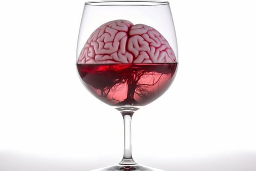 Close up of human brain lie in a wine glass ,standing on a white background .