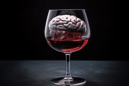 The irons human brain lie in a wine glass ,standing on a black background .