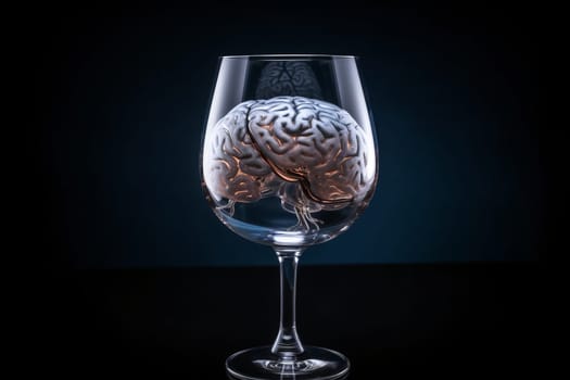 An iron human brain, glowing from the inside, lies in a wine glass, standing on a dark background.