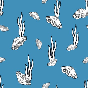 Hand Drawn Black and White Fish on Blue Background. Seamless Pattern with Fishes. Sea Animal Digital Papers.