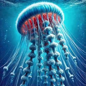 Glowing jellyfish in deep blue water, surrounded by delicate tentacles and shimmering light reflections, symbolizes the beauty and mysticism of the underwater world.