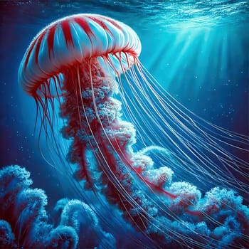 Glowing jellyfish in deep blue water, surrounded by delicate tentacles and shimmering light reflections, symbolizes the beauty and mysticism of the underwater world.