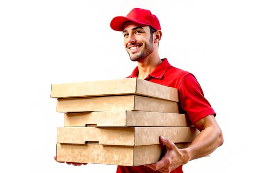 Animated character dressed in red uniform carries multiple pizza boxes with a cheerful expression, ready to make a delivery.