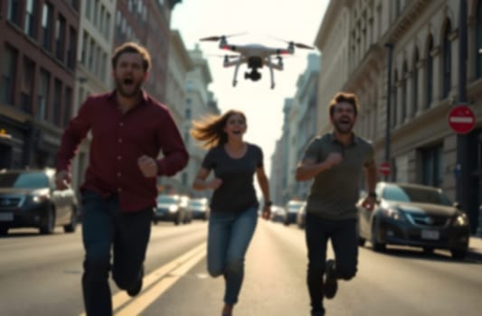 In a city marked by danger, individuals sprint away from an attacking drone, embodying fear and urgency amid rising chaos.. Blurred picture