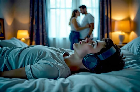 Teenager lies on his bed wearing headphones, trying to tune out the tension between his parents, who are in the background.