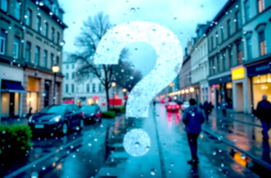 Rain drops collect on the lens while a large question mark overlays a busy urban street, hinting at mystery and challenges ahead.. Blurred picture