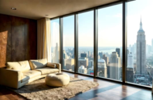 Bright and airy living space features a cozy sofa and large windows showcasing a blurred view of the New York City skyline.