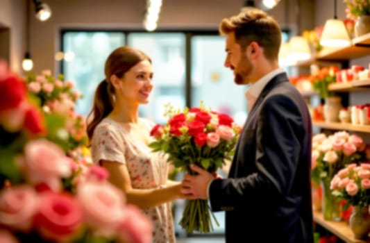 A couple exchanges smiles while holding beautiful bouquets inside a flower shop filled with colorful blooms and a soft, warm ambiance.