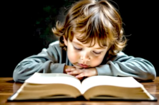 A child sits at a table with a book, appearing disengaged and uninterested while studying quietly at home.. Blurred picture