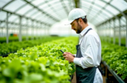 Student agronomist engages with plants in a greenhouse, utilizing a mobile device for training on plant care methods.