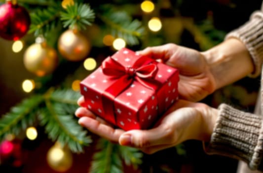 Warm hands present a bright red gift box with decorative stars, set against a cozy Christmas tree filled with ornaments and lights. Blurred picture.