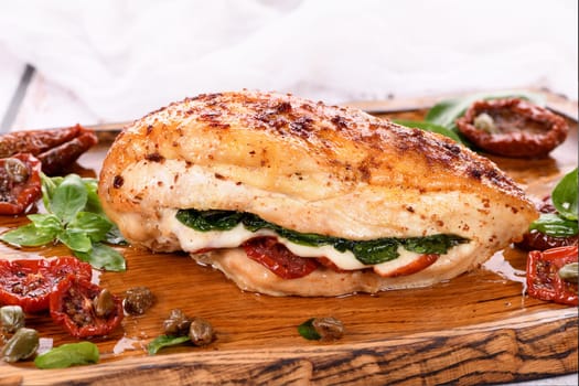 Baked chicken breast with spinach, sun-dried tomatoes and mozzarella
