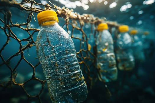 Plastic bottles in the sea got into the net. Ocean garbage collection.