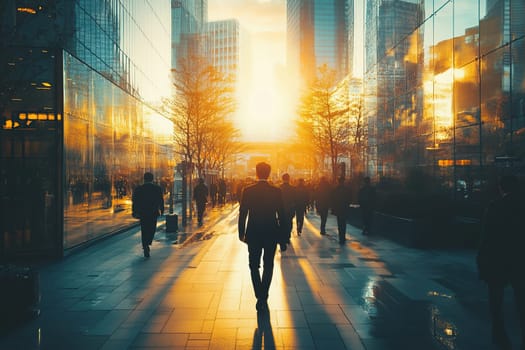 Blurred photo of business people walking in the business center of a metropolis, soft evening sunlight.