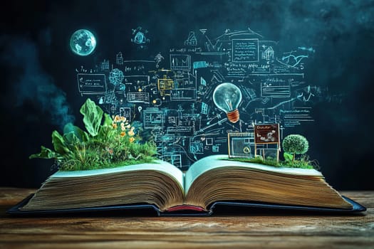 An open book with a virtual projection of the earth, greenery and graphs. The concept of the latest technologies in education.
