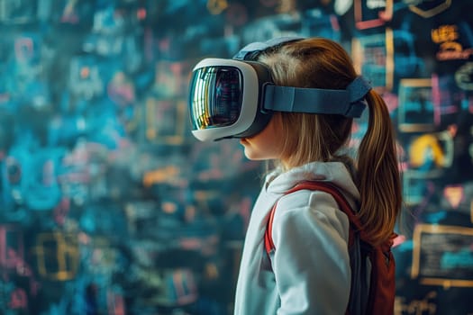 Schoolgirl uses VR headset simulators for learning. Girl in virtual reality glasses stands at the school board.