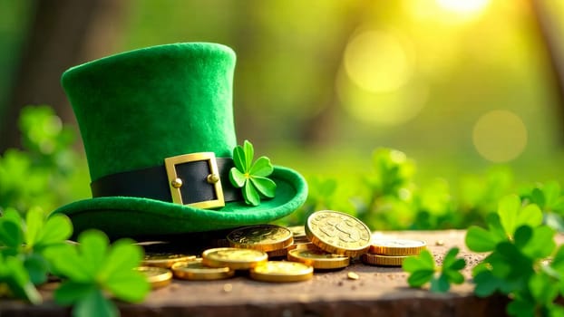 A green hat with shamrocks and gold coins. St. Patrick's Day. Irish folklore and celebration.