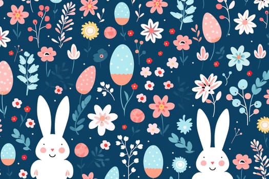 Flat easter illustration with blue background and flowers and easter bunnies and eggs. Easter background.