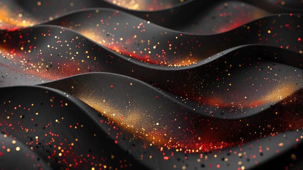 A dynamic black surface features flowing waves, adorned with vivid red, gold, and orange glitters. The shimmering colors create a captivating and artistic effect.