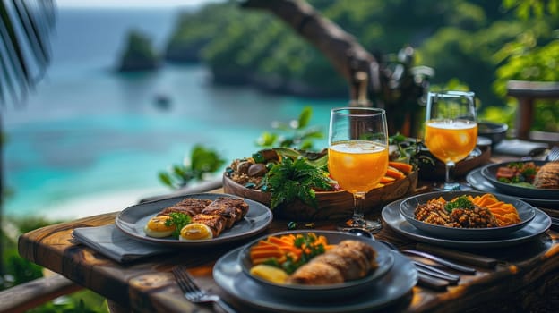 A vibrant table is set with tropical dishes featuring fresh seafood, fruits, and drinks, overlooking a stunning beach and turquoise waters in the afternoon sun.