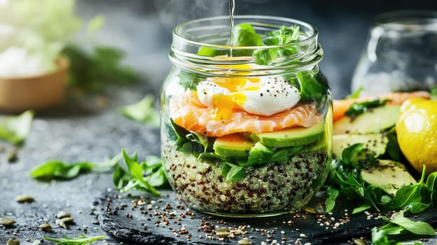 A healthy salad jar is filled with layers of quinoa, fresh greens, smoked salmon, and a perfectly poached egg, garnished with spices. The vibrant colors create an appetizing display.
