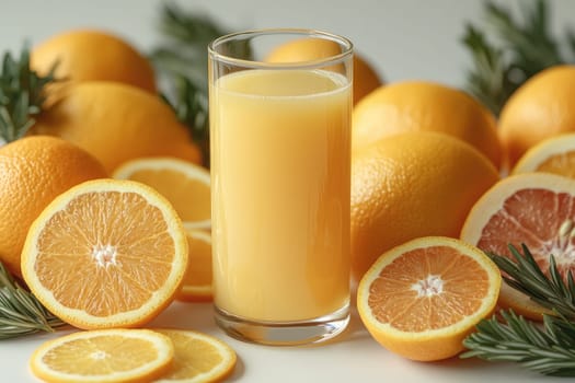 Vibrant orange juice fills a clear glass, surrounded by whole and sliced oranges. Fresh green herbs add contrast, creating a refreshing, healthy beverage display.