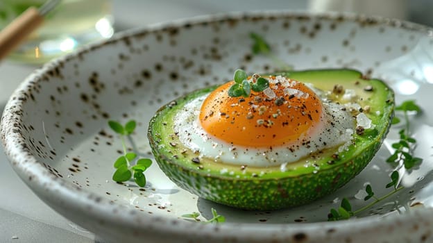A beautifully presented avocado half is filled with an orange egg yolk, seasoned with herbs and spices. The dish is set on a patterned plate, creating an appealing culinary display.